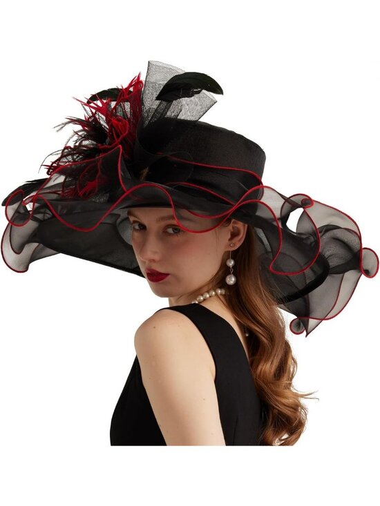 Elegant Wide Brim Organza Church Hat with Detachable Flower for Weddings & Tea main image 4